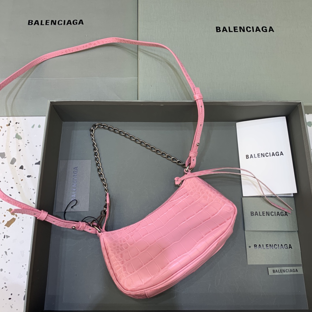 Balenciaga Le Cagole Mini Bag With Chain Crocodile Embossed Shoulder Bag Pink